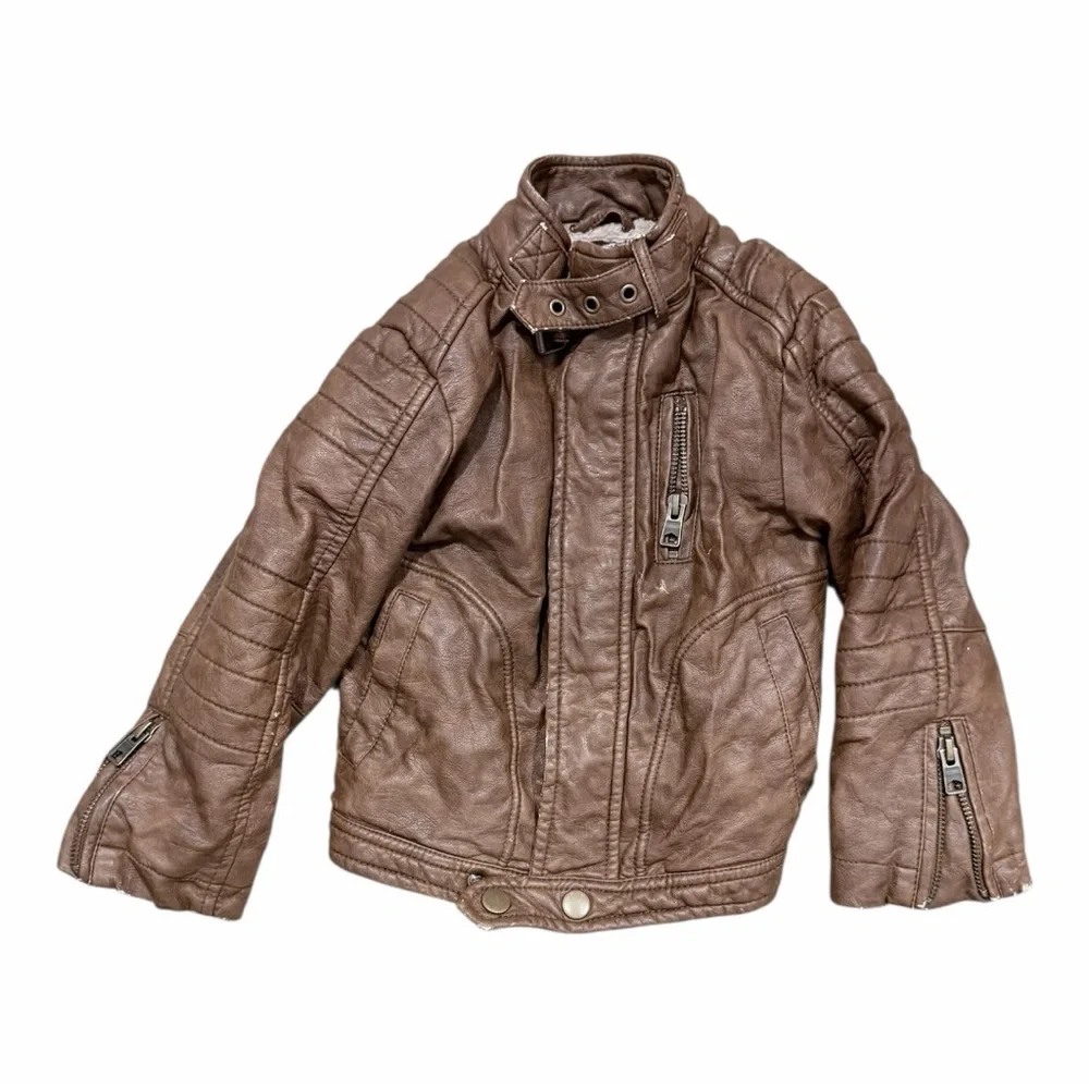 Kids first wave faux Brown Leather bomber/motto‎ Jacket Sherpa lined